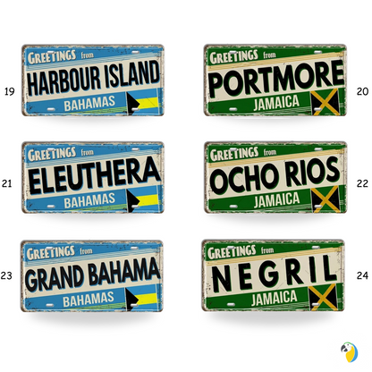 Caribbean Island License Plate Tin Signs • Tropical Travel Souvenir Metal Prints • Decorative Wall Plaques for Home and Bar Decor • Papagaio Studio Design Shop