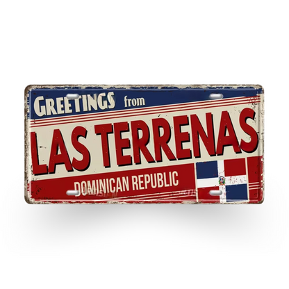 Caribbean Island License Plate Tin Signs • Tropical Travel Souvenir Metal Prints • Decorative Wall Plaques for Home and Bar Decor • Papagaio Studio Design Shop