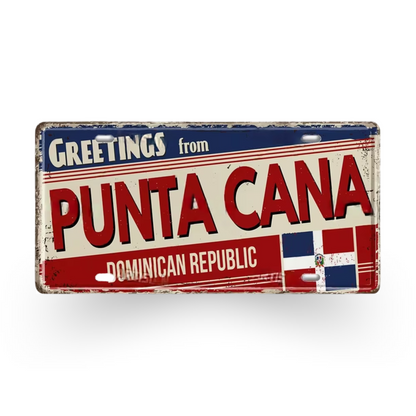 Caribbean Island License Plate Tin Signs • Tropical Travel Souvenir Metal Prints • Decorative Wall Plaques for Home and Bar Decor • Papagaio Studio Design Shop