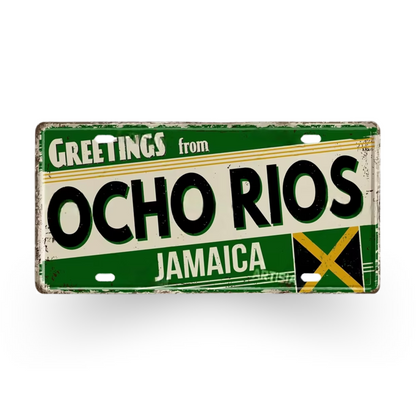 Caribbean Island License Plate Tin Signs • Tropical Travel Souvenir Metal Prints • Decorative Wall Plaques for Home and Bar Decor • Papagaio Studio Design Shop