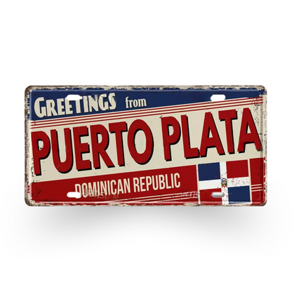 Caribbean Island License Plate Tin Signs • Tropical Travel Souvenir Metal Prints • Decorative Wall Plaques for Home and Bar Decor • Papagaio Studio Design Shop