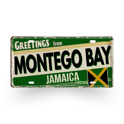 Caribbean Island License Plate Tin Signs • Tropical Travel Souvenir Metal Prints • Decorative Wall Plaques for Home and Bar Decor • Papagaio Studio Design Shop