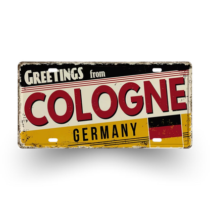 Vintage-style sign with 'Greetings from Cologne, Germany' text and German flag design.