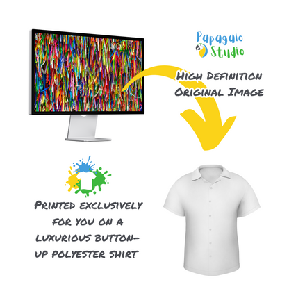 Fitinha Bonfim Button-Up Shirt • All-Over Print Brazilian Ribbon Shirt • Vibrant Brazil  Cultural Wear Gift For Carnival Party • Papagaio Studio Design Shop