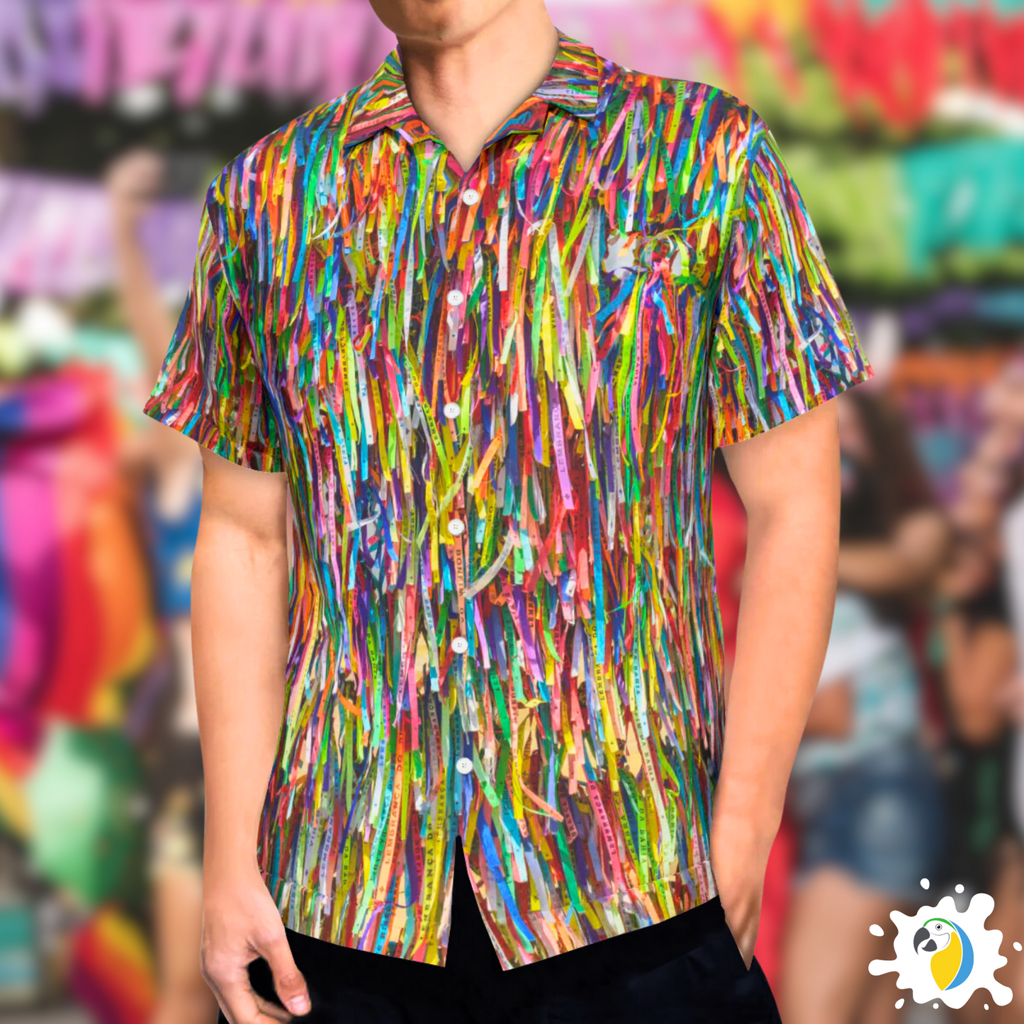 Fitinha Bonfim Button-Up Shirt • All-Over Print Brazilian Ribbon Shirt • Vibrant Brazil  Cultural Wear Gift For Carnival Party • Papagaio Studio Design Shop