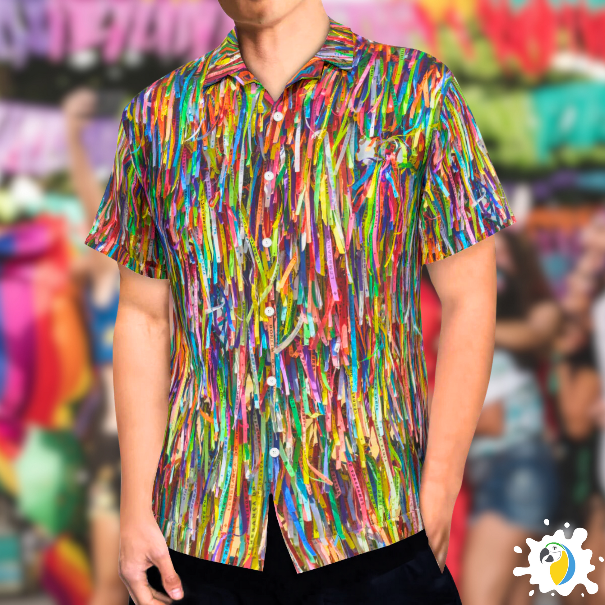 Fitinha Bonfim Button-Up Shirt • All-Over Print Brazilian Ribbon Shirt • Vibrant Brazil  Cultural Wear Gift For Carnival Party • Papagaio Studio Design Shop