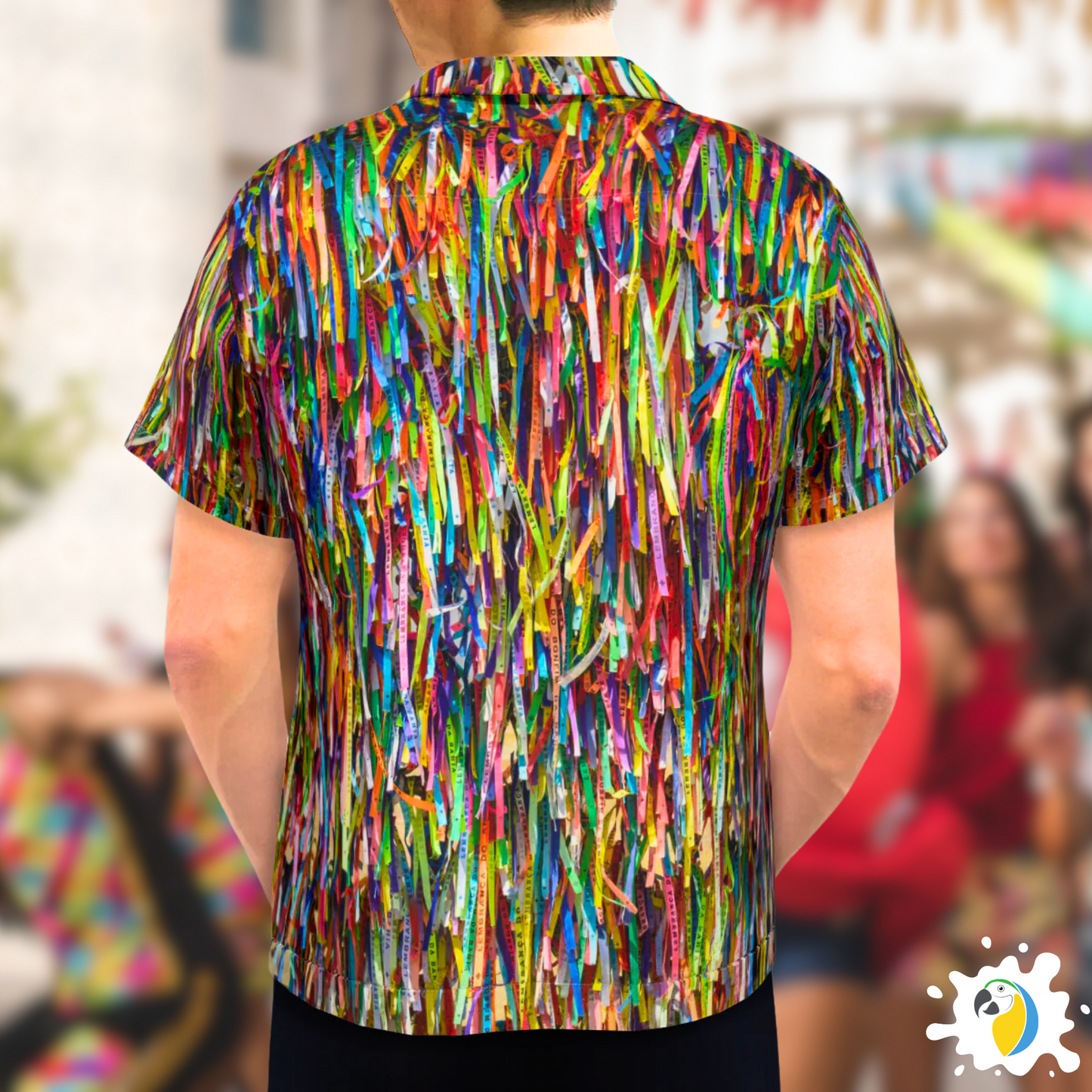 Fitinha Bonfim Button-Up Shirt • All-Over Print Brazilian Ribbon Shirt • Vibrant Brazil  Cultural Wear Gift For Carnival Party • Papagaio Studio Design Shop
