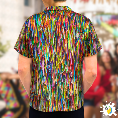 Fitinha Bonfim Button-Up Shirt • All-Over Print Brazilian Ribbon Shirt • Vibrant Brazil  Cultural Wear Gift For Carnival Party • Papagaio Studio Design Shop