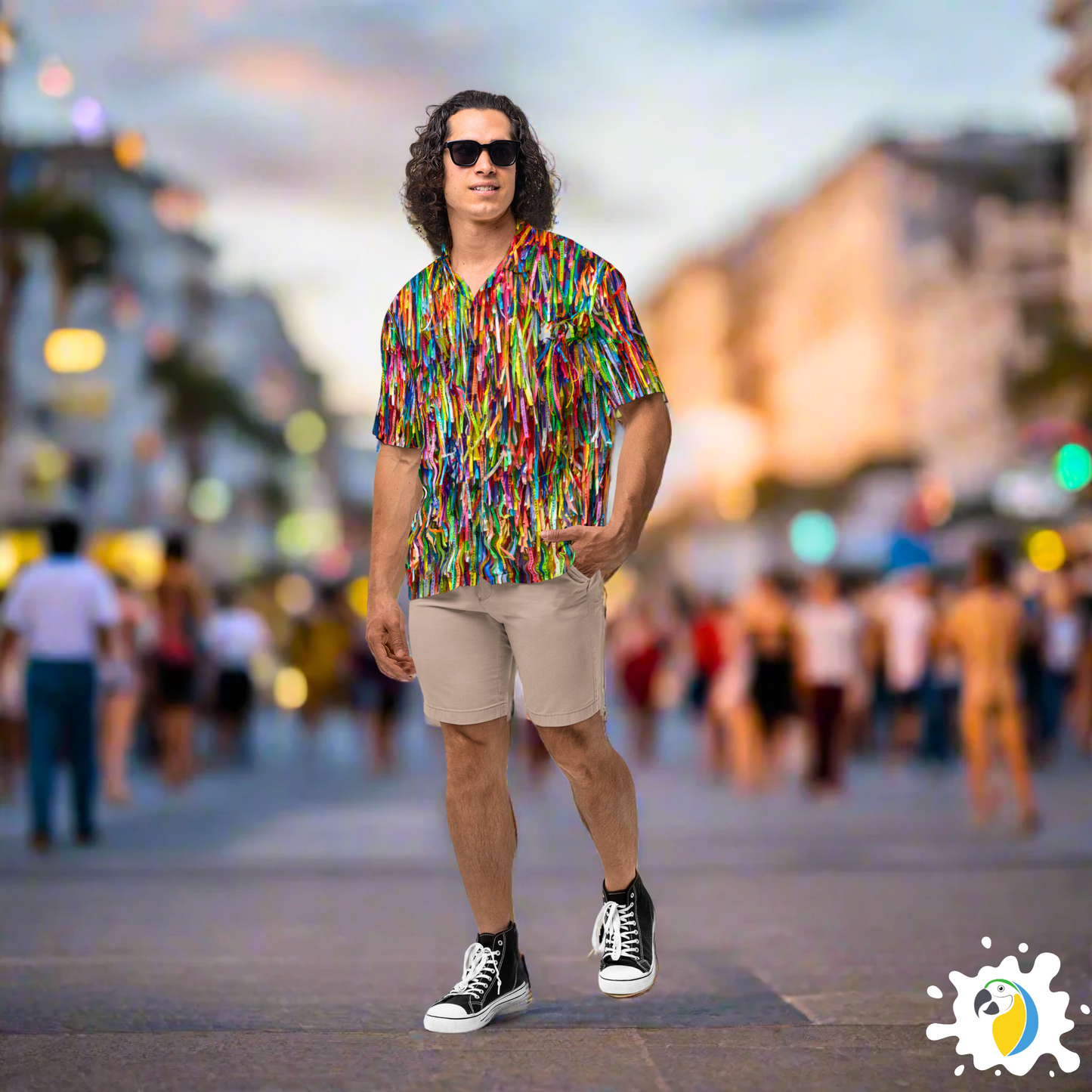 Fitinha Bonfim Button-Up Shirt • All-Over Print Brazilian Ribbon Shirt • Vibrant Brazil  Cultural Wear Gift For Carnival Party • Papagaio Studio Design Shop