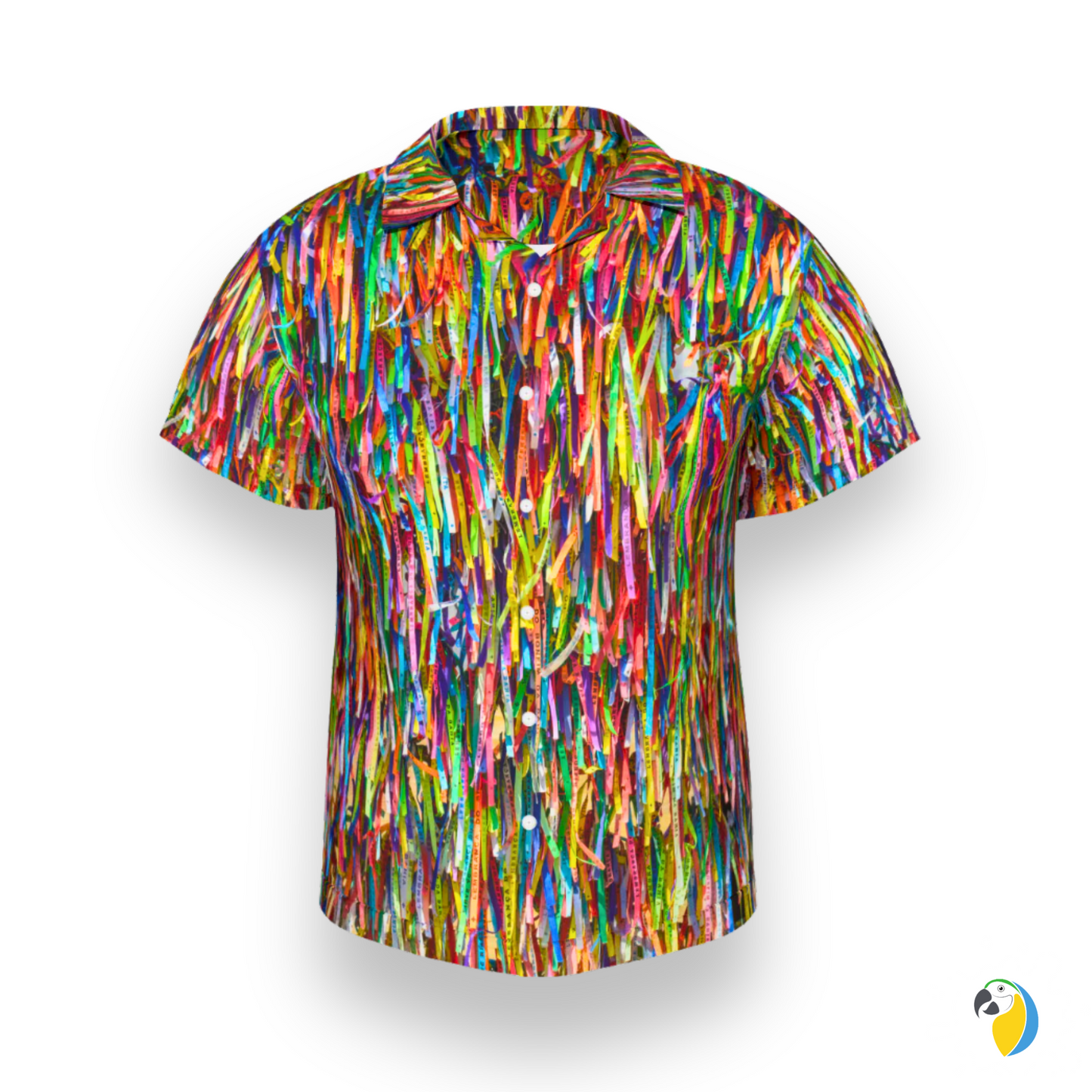 Fitinha Bonfim Button-Up Shirt • All-Over Print Brazilian Ribbon Shirt • Vibrant Brazil  Cultural Wear Gift For Carnival Party • Papagaio Studio Design Shop