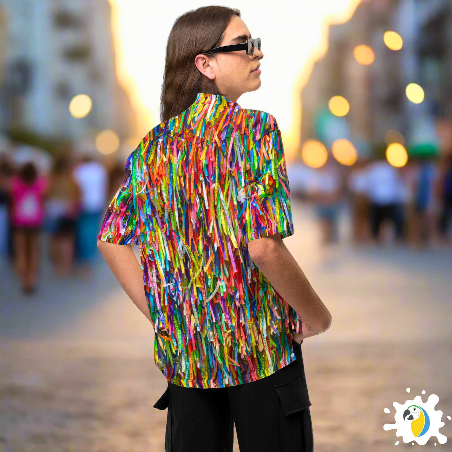 Fitinha Bonfim Button-Up Shirt • All-Over Print Brazilian Ribbon Shirt • Vibrant Brazil  Cultural Wear Gift For Carnival Party • Papagaio Studio Design Shop