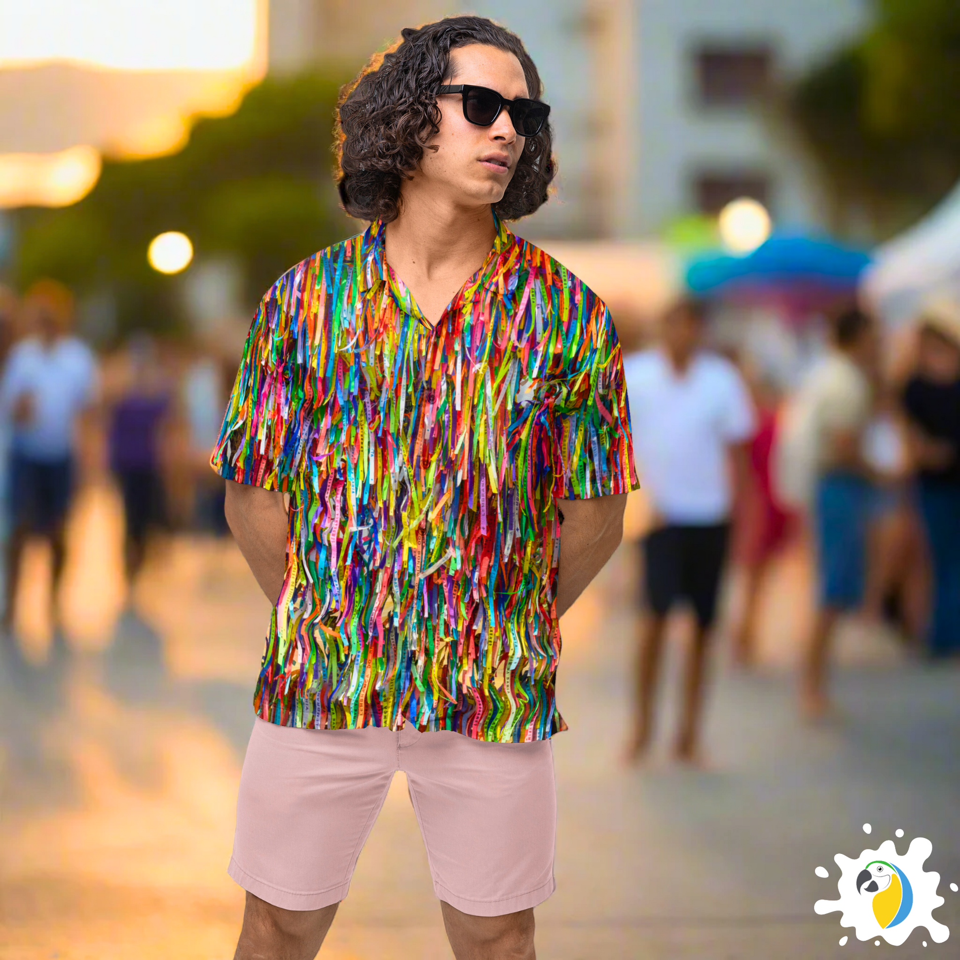 Fitinha Bonfim Button-Up Shirt • All-Over Print Brazilian Ribbon Shirt • Vibrant Brazil  Cultural Wear Gift For Carnival Party • Papagaio Studio Design Shop