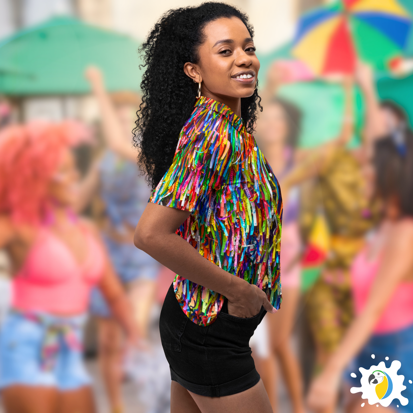 Fitinha Bonfim Button-Up Shirt • All-Over Print Brazilian Ribbon Shirt • Vibrant Brazil  Cultural Wear Gift For Carnival Party • Papagaio Studio Design Shop