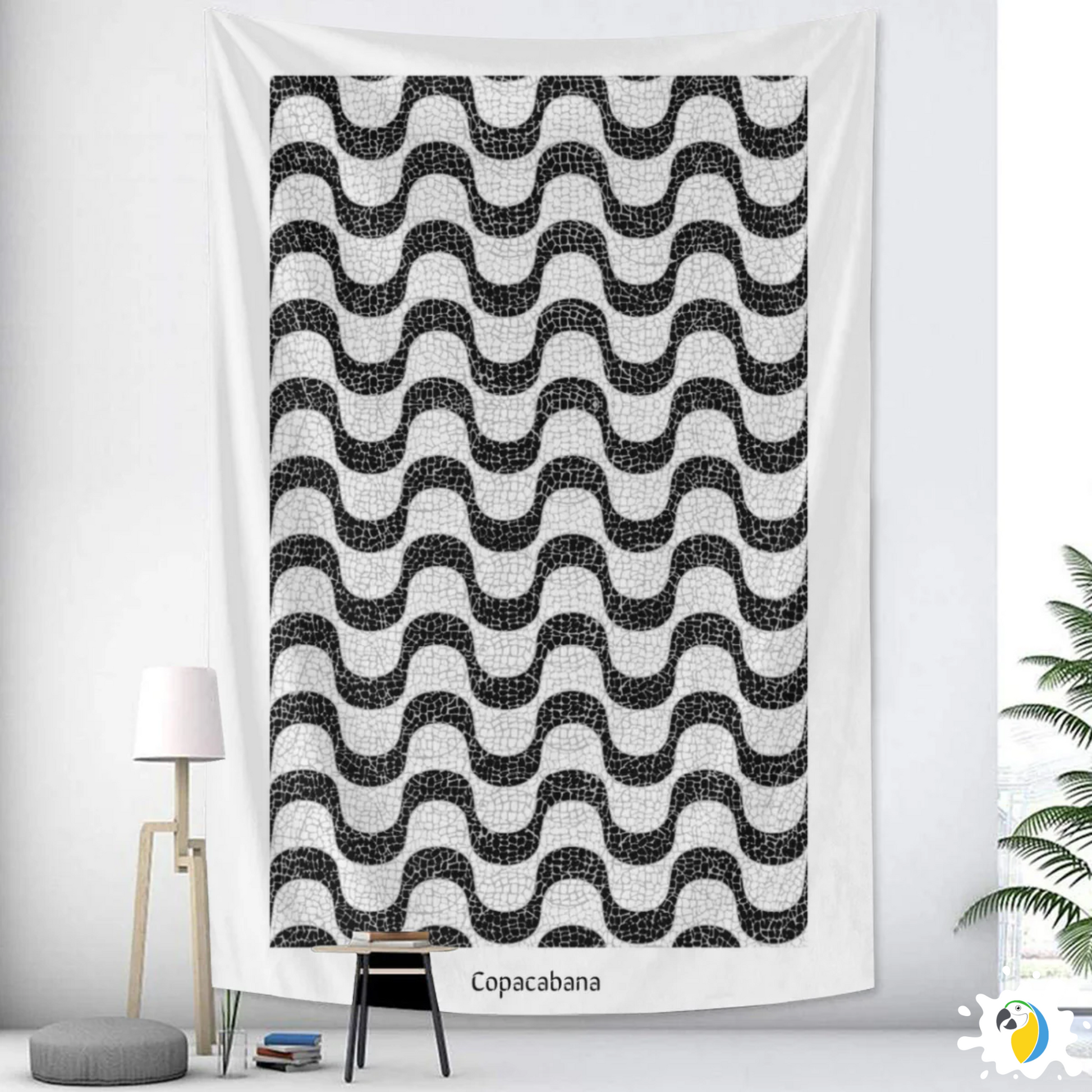 Copacabana Brasil Mosaic Promenade Wall Tapestry • Brazilian Sidewalk Art Design • Iconic Rio De Janeiro Black And White Wave Pattern Wall Hanging 