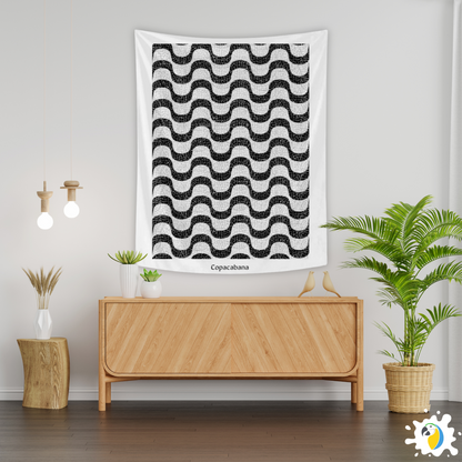 Copacabana Brasil Mosaic Promenade Wall Tapestry • Brazilian Sidewalk Art Design • Iconic Rio De Janeiro Black And White Wave Pattern Wall Hanging 