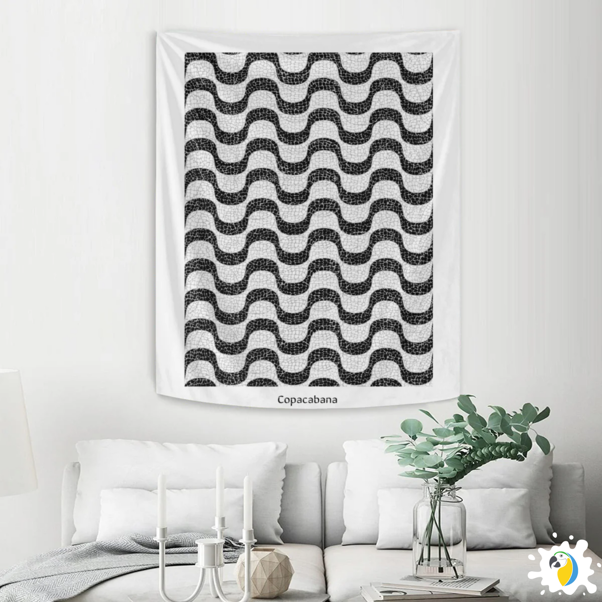 Copacabana Brasil Mosaic Promenade Wall Tapestry • Brazilian Sidewalk Art Design • Iconic Rio De Janeiro Black And White Wave Pattern Wall Hanging 