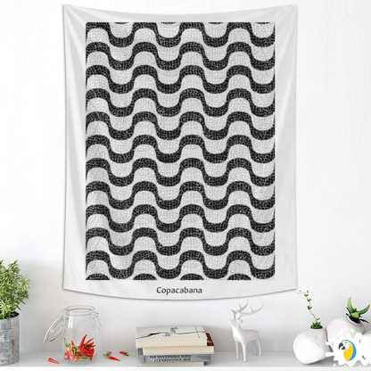 Copacabana Brasil Mosaic Promenade Wall Tapestry • Brazilian Sidewalk Art Design • Iconic Rio De Janeiro Black And White Wave Pattern Wall Hanging 