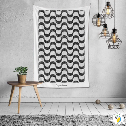 Copacabana Brasil Mosaic Promenade Wall Tapestry • Brazilian Sidewalk Art Design • Iconic Rio De Janeiro Black And White Wave Pattern Wall Hanging 