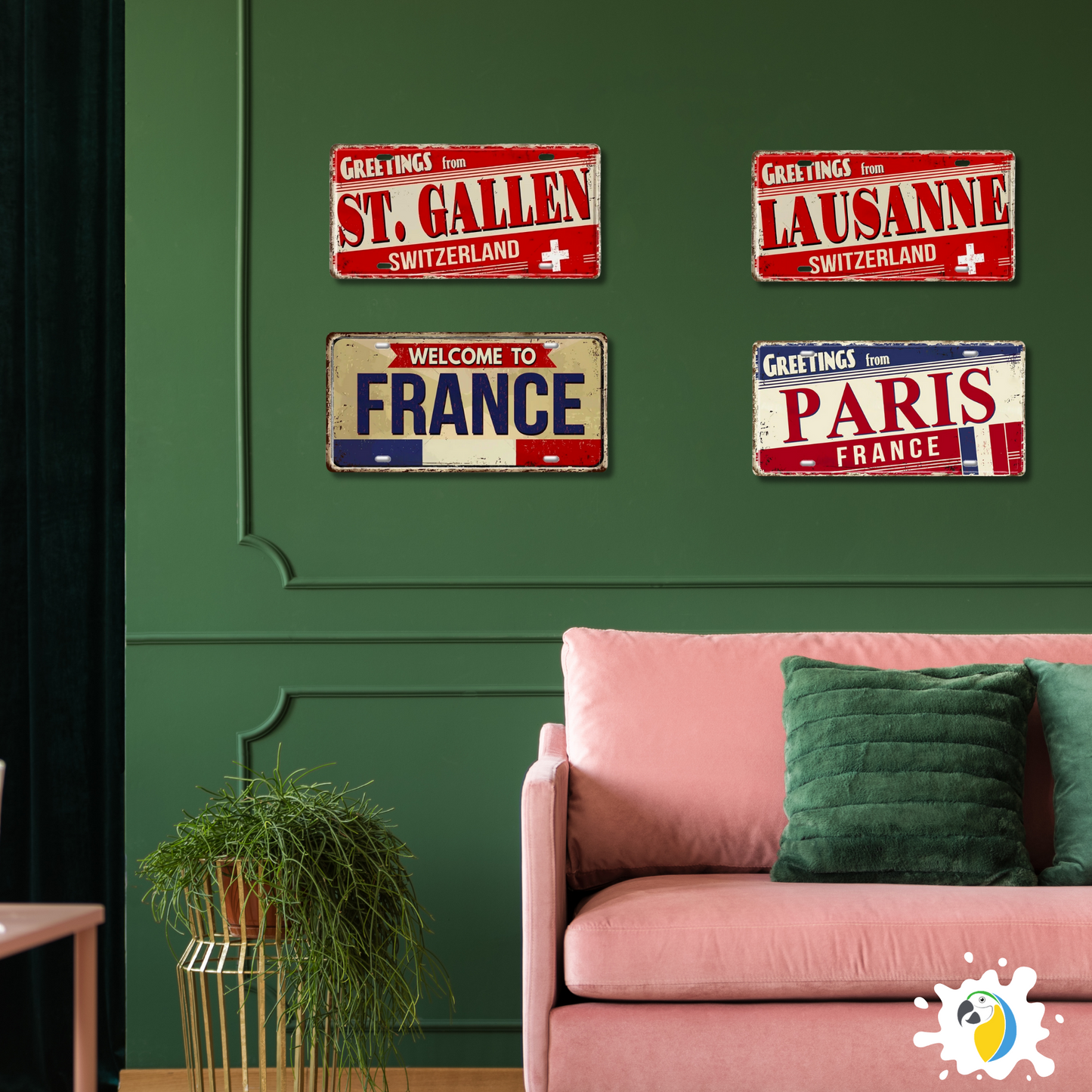 France & Switzerland License Plate Metal Sign • French Swiss City State Province Decorative Plaque Wall Hanging • Euro Trip Gift Souvenir • Papagaio Studio Online Shop