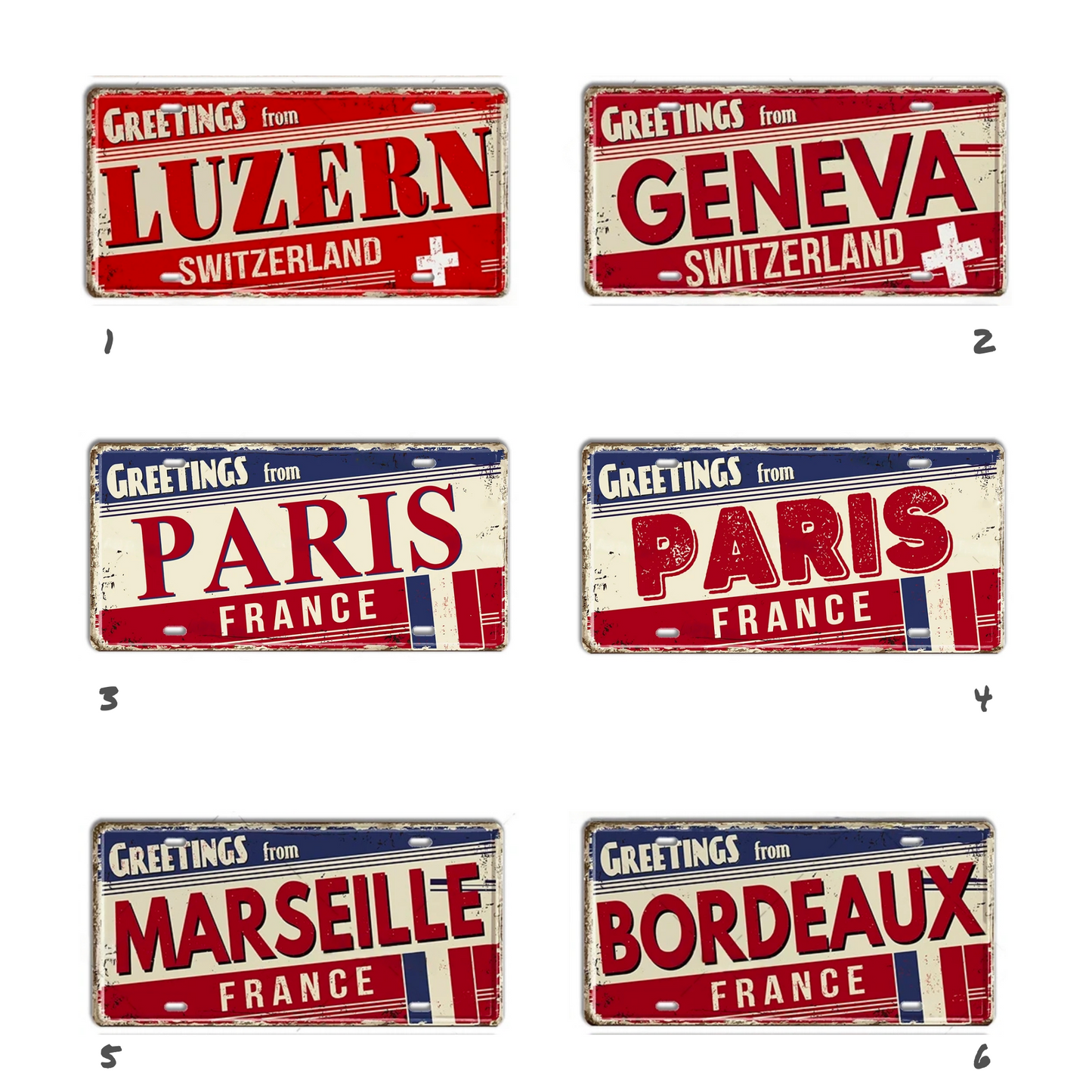 France & Switzerland License Plate Metal Sign • French Swiss City State Province Decorative Plaque Wall Hanging • Euro Trip Gift Souvenir • Papagaio Studio Online Shop