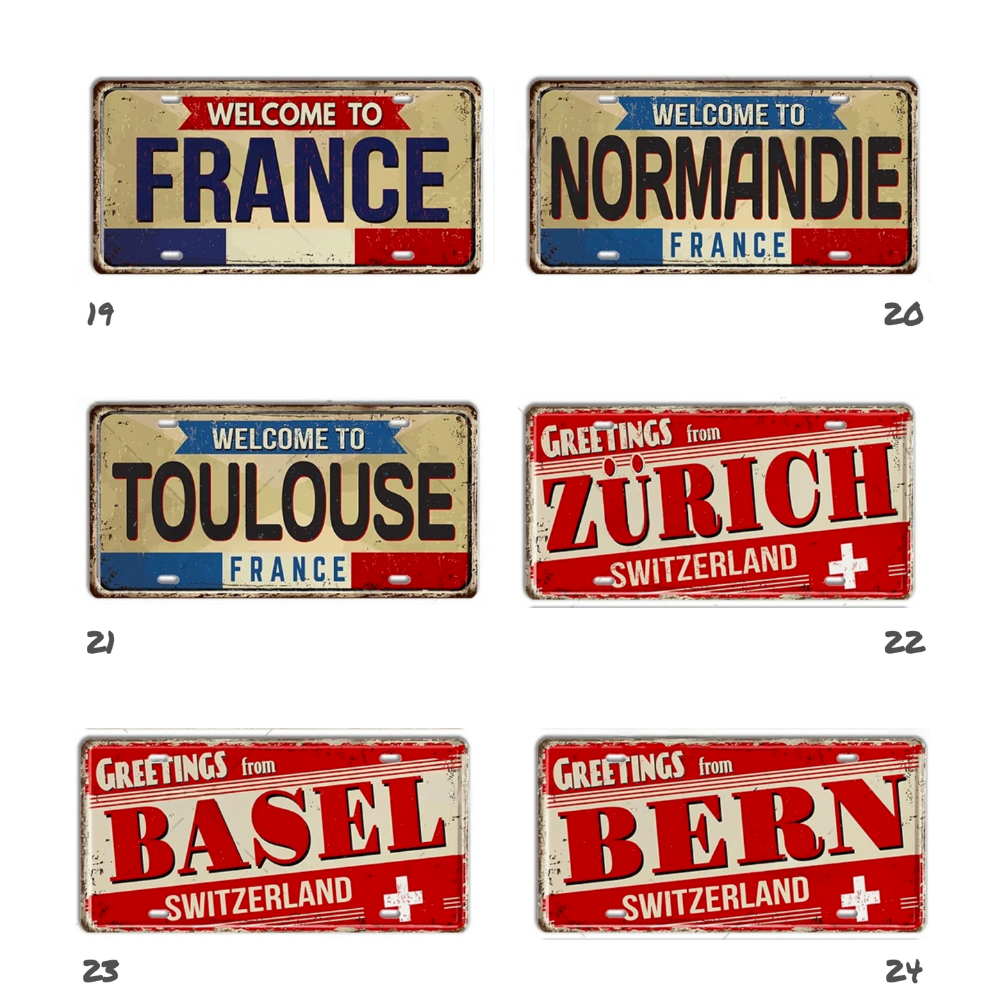 France & Switzerland License Plate Metal Sign • French Swiss City State Province Decorative Plaque Wall Hanging • Euro Trip Gift Souvenir • Papagaio Studio Online Shop