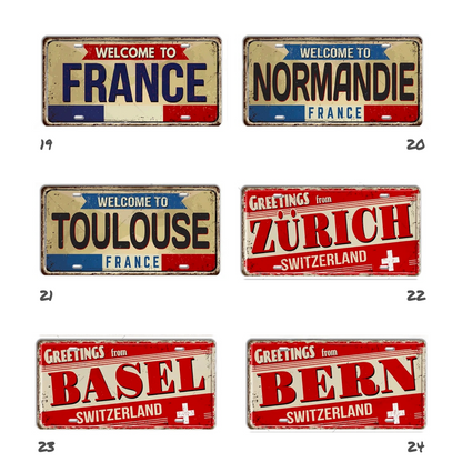 France & Switzerland License Plate Metal Sign • French Swiss City State Province Decorative Plaque Wall Hanging • Euro Trip Gift Souvenir • Papagaio Studio Online Shop