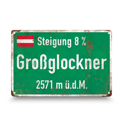 Vintage-style sign with text and a flag on a white background