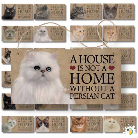 Home Cat Wooden Sign • Pet Lovers Quote Wood Print • "A House Is Not A Home Without A... Cat Breed" Wall Hanging Decor Plaque • Papagaio Studio Design Shop