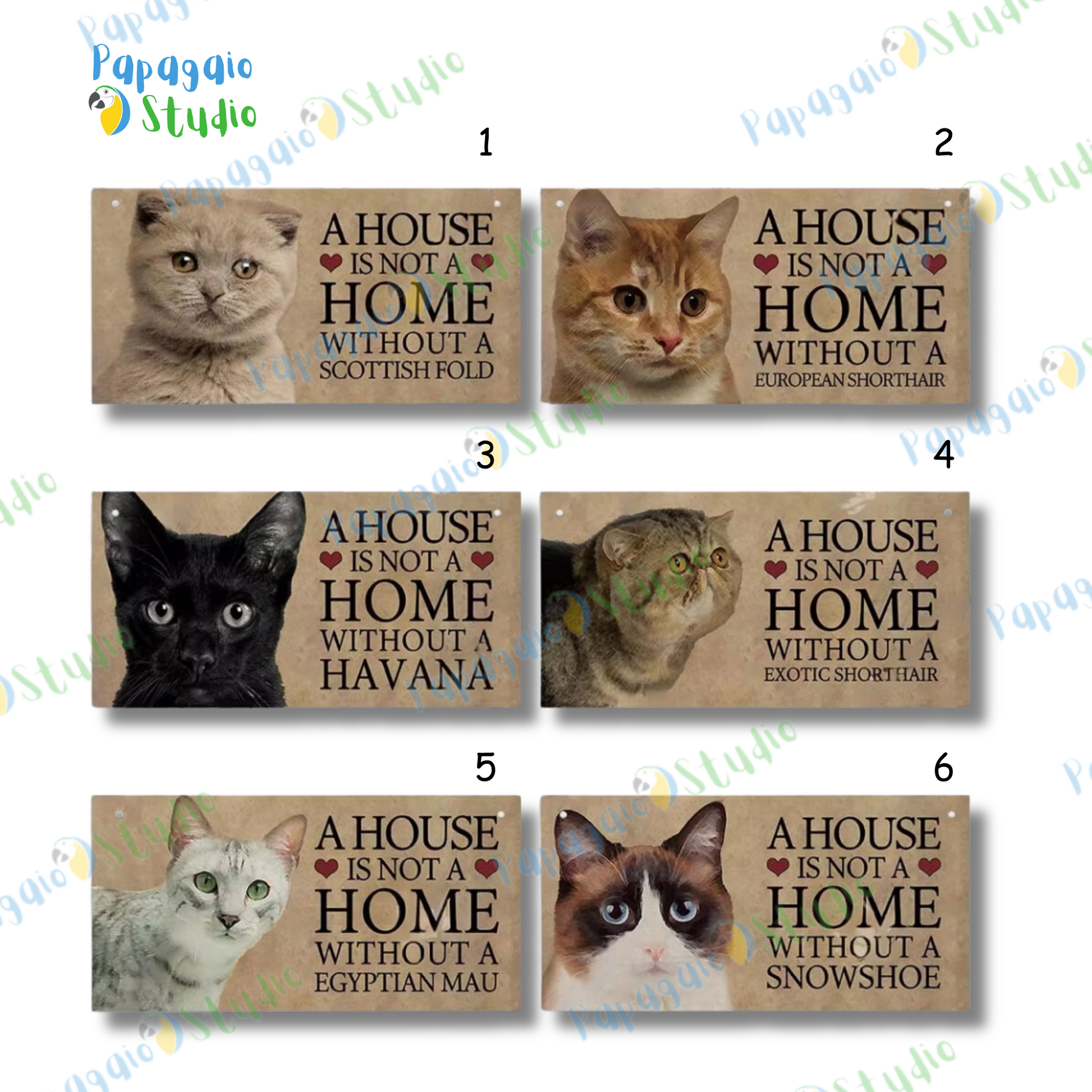 Home Cat Wooden Sign • Pet Lovers Quote Wood Print • "A House Is Not A Home Without A... Cat Breed" Wall Hanging Decor Plaque • Papagaio Studio Design Shop