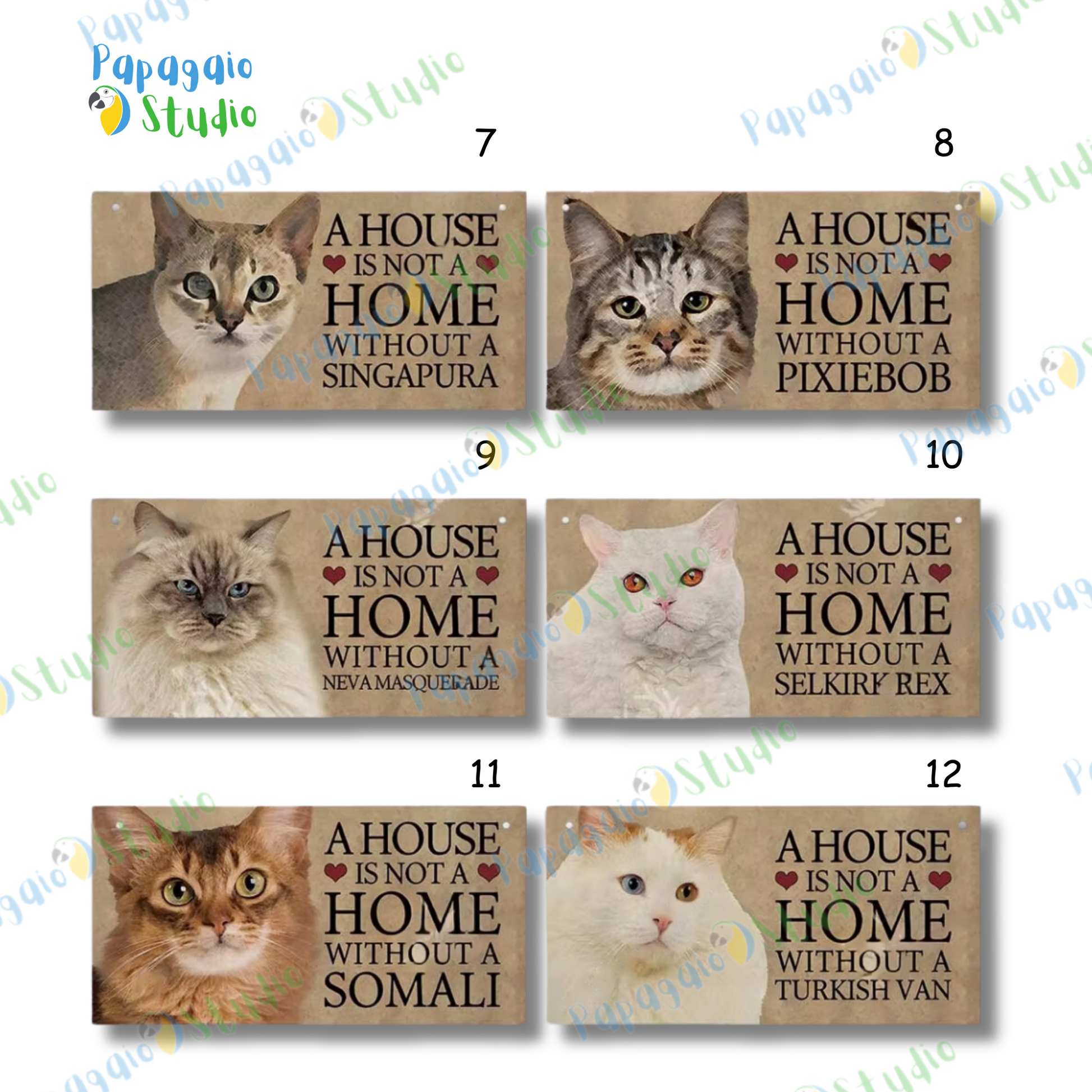 Home Cat Wooden Sign • Pet Lovers Quote Wood Print • "A House Is Not A Home Without A... Cat Breed" Wall Hanging Decor Plaque • Papagaio Studio Design Shop