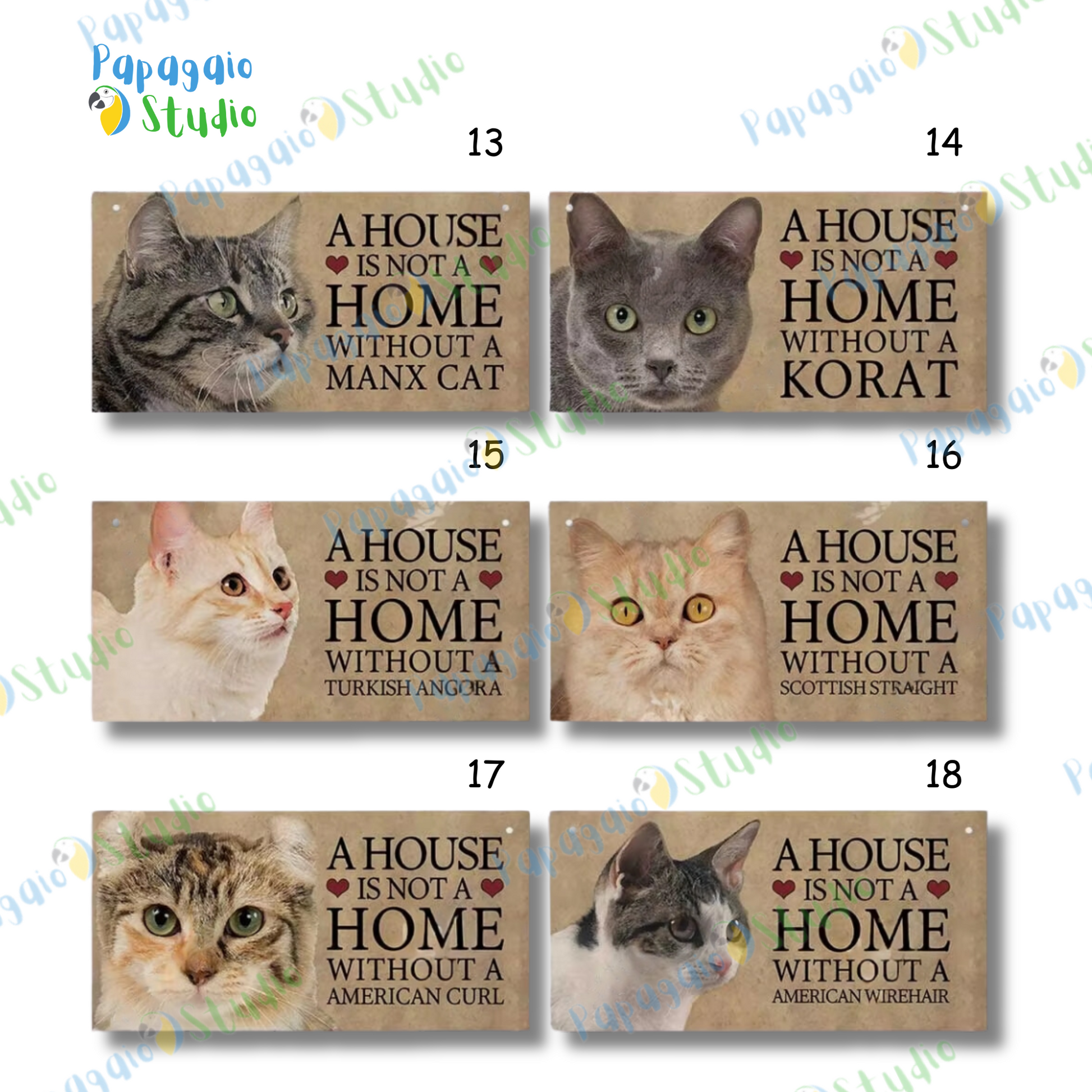 Home Cat Wooden Sign • Pet Lovers Quote Wood Print • "A House Is Not A Home Without A... Cat Breed" Wall Hanging Decor Plaque • Papagaio Studio Design Shop