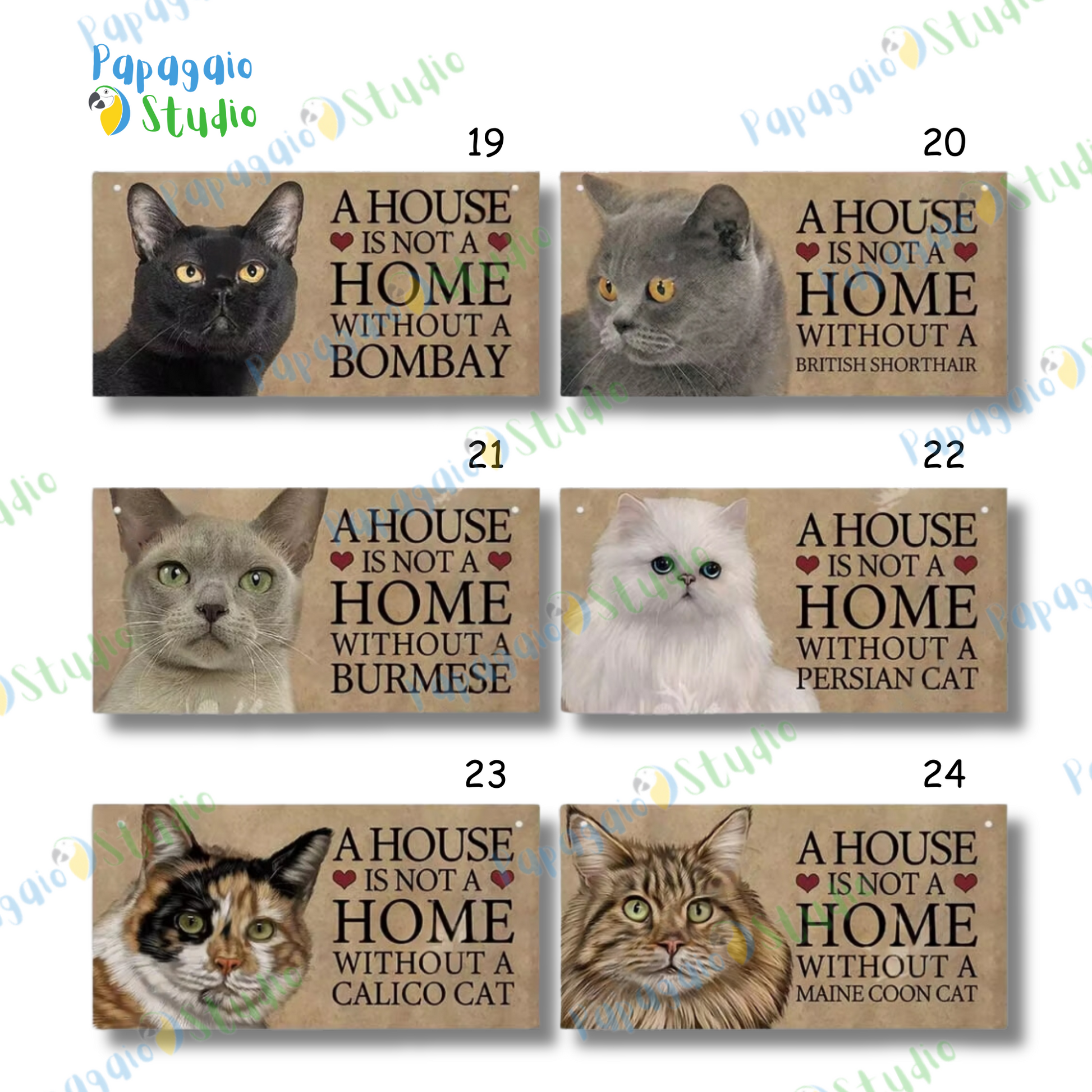 Home Cat Wooden Sign • Pet Lovers Quote Wood Print • "A House Is Not A Home Without A... Cat Breed" Wall Hanging Decor Plaque • Papagaio Studio Design Shop