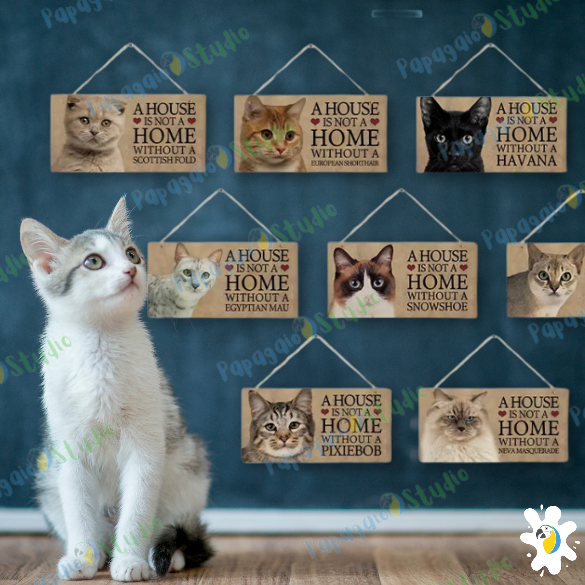 Home Cat Wooden Sign • Pet Lovers Quote Wood Print • "A House Is Not A Home Without A... Cat Breed" Wall Hanging Decor Plaque • Papagaio Studio Design Shop