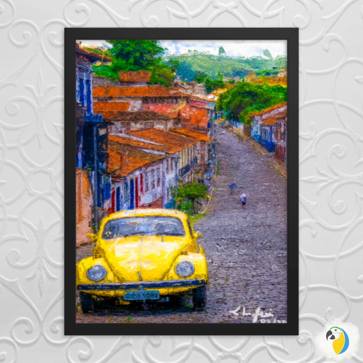 Minas Gerais Impressionist Painting • Sabará, MG - Brazil Countryside Village Wall Art • Yellow VW Beetle Framed Giclée Poster • Papagaio Studio Shop