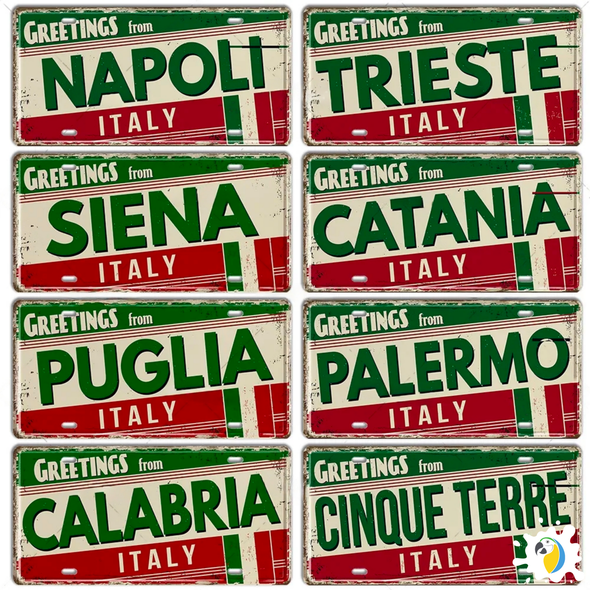 Italy City License Plate • Greetings From Italian Cities Metal Print • European Landmark TIn Sign • Eurotrip Souvenir Retro Decor Plaque • Papagaio Studio Shop