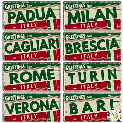 Italy City License Plate • Greetings From Italian Cities Metal Print • European Landmark TIn Sign • Eurotrip Souvenir Retro Decor Plaque • Papagaio Studio Shop