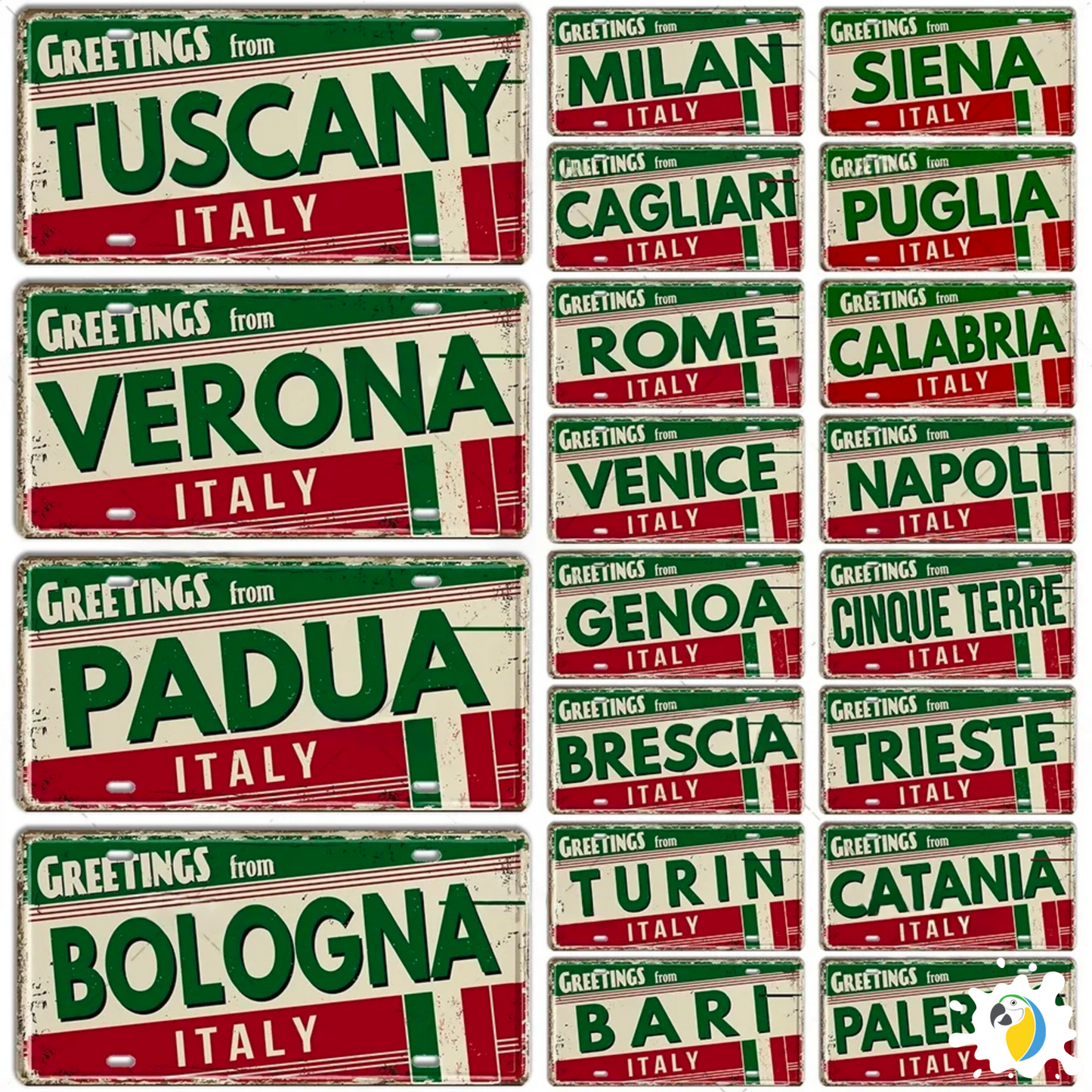 Italy City License Plate • Greetings From Italian Cities Metal Print • European Landmark TIn Sign • Eurotrip Souvenir Retro Decor Plaque • Papagaio Studio Shop