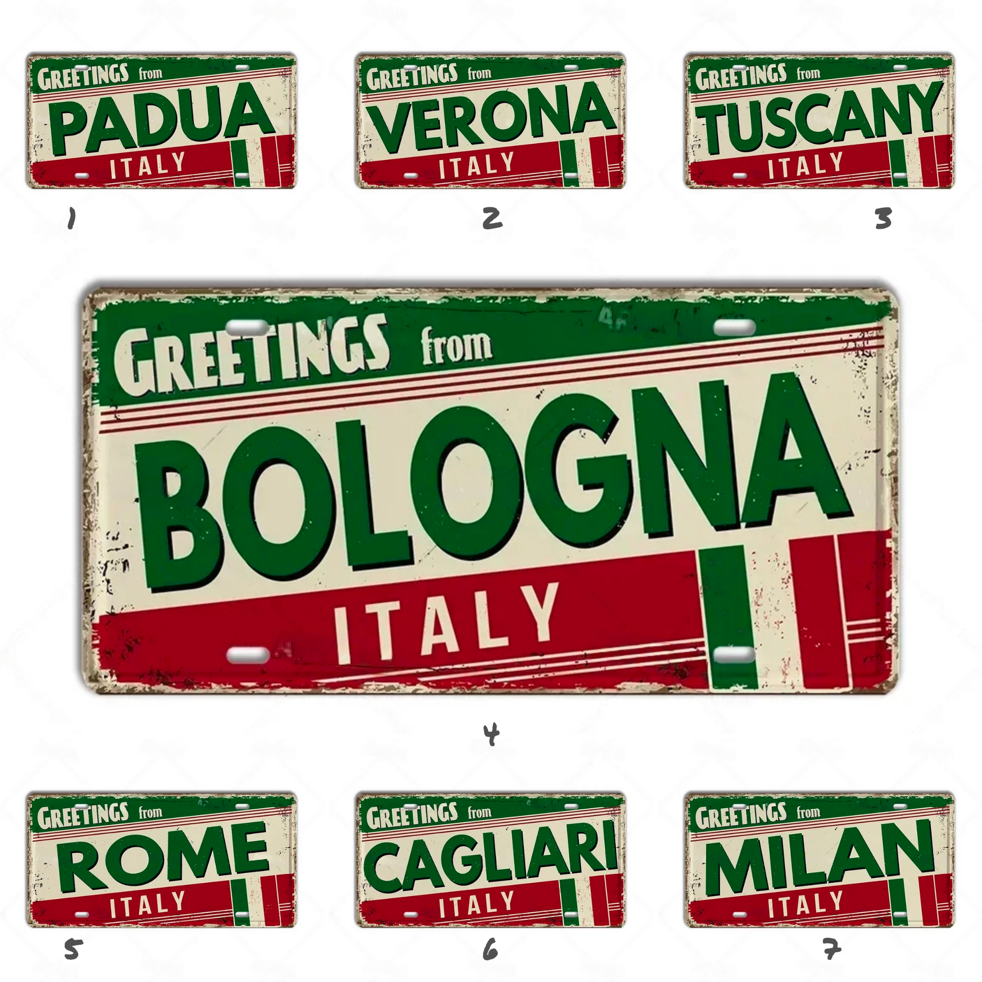 Italy City License Plate • Greetings From Italian Cities Metal Print • European Landmark TIn Sign • Eurotrip Souvenir Retro Decor Plaque • Papagaio Studio Shop