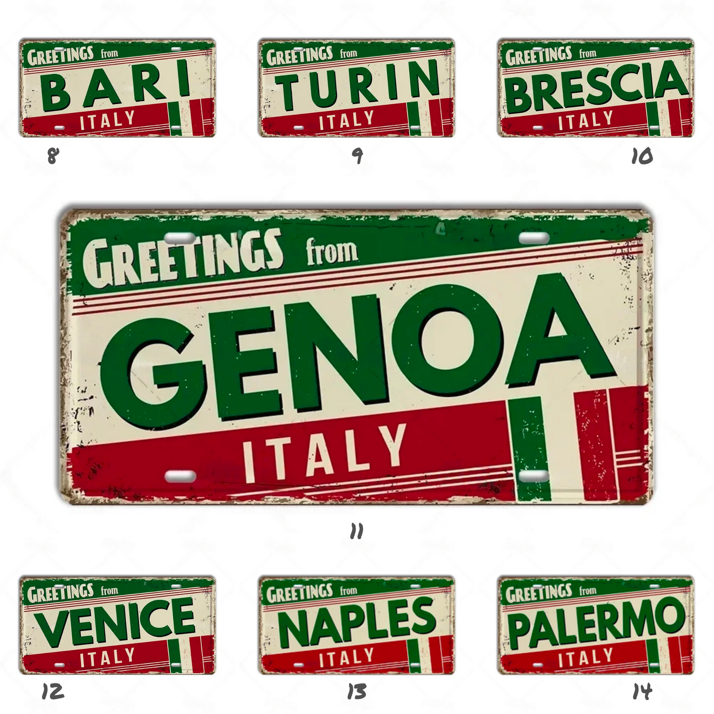 Italy City License Plate • Greetings From Italian Cities Metal Print • European Landmark TIn Sign • Eurotrip Souvenir Retro Decor Plaque • Papagaio Studio Shop