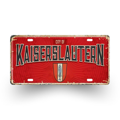 Red license plate with 'City of Kaiserslautern' text and emblem on a white background