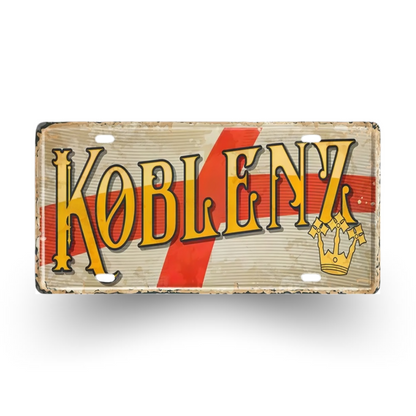 Vintage-style metal sign with 'Koblenz' text and red stripe on a white background