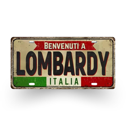 Decorative sign with 'Benvenuti a Lombardy Italia' text on a white background