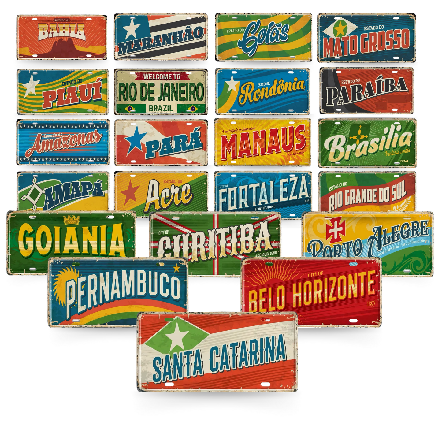 Brazilian States License Plate • Brazil City Names Metal Tin Sign • Retro Wall Hanging Print • Vintage Shabby Chic South American Decor