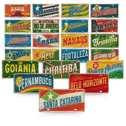 Brazilian States License Plate • Brazil City Names Metal Tin Sign • Retro Wall Hanging Print • Vintage Shabby Chic South American Decor