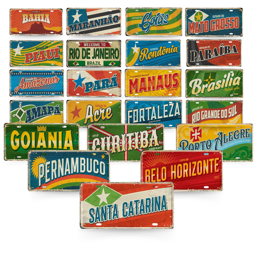 Brazilian States License Plate • Brazil City Names Metal Tin Sign • Retro Wall Hanging Print • Vintage Shabby Chic South American Decor
