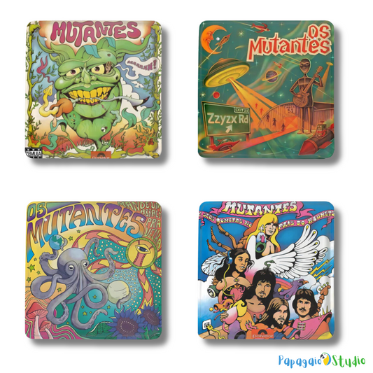 Os Mutantes Psychedelic Album Art Tinplate Bundle • Brazilian Tropicália Rock Band Decorative Metal Prints • Set of 4 Vintage Music Art Wall Decor • Papagaio Studio Design Shop