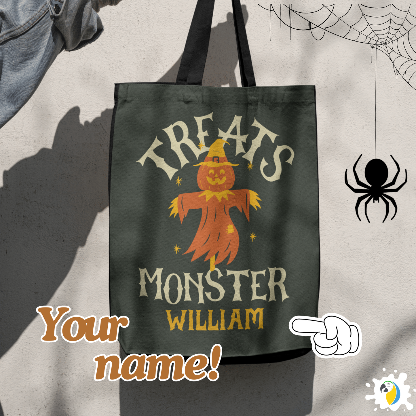 Personalized Halloween Tote Bag • Custom Name Treats Monster Large Size Bag For Kids • Jack O'Lantern Trick Or Treating Accessory • Papagaio Studio Design Shop