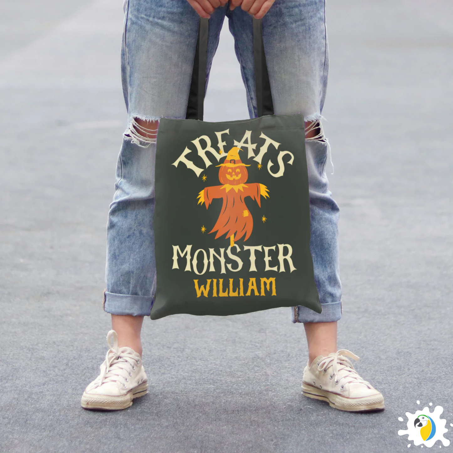 Personalized Halloween Tote Bag • Custom Name Treats Monster Large Size Bag For Kids • Jack O'Lantern Trick Or Treating Accessory • Papagaio Studio Design Shop