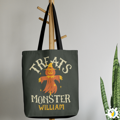 Personalized Halloween Tote Bag • Custom Name Treats Monster Large Size Bag For Kids • Jack O'Lantern Trick Or Treating Accessory • Papagaio Studio Design Shop