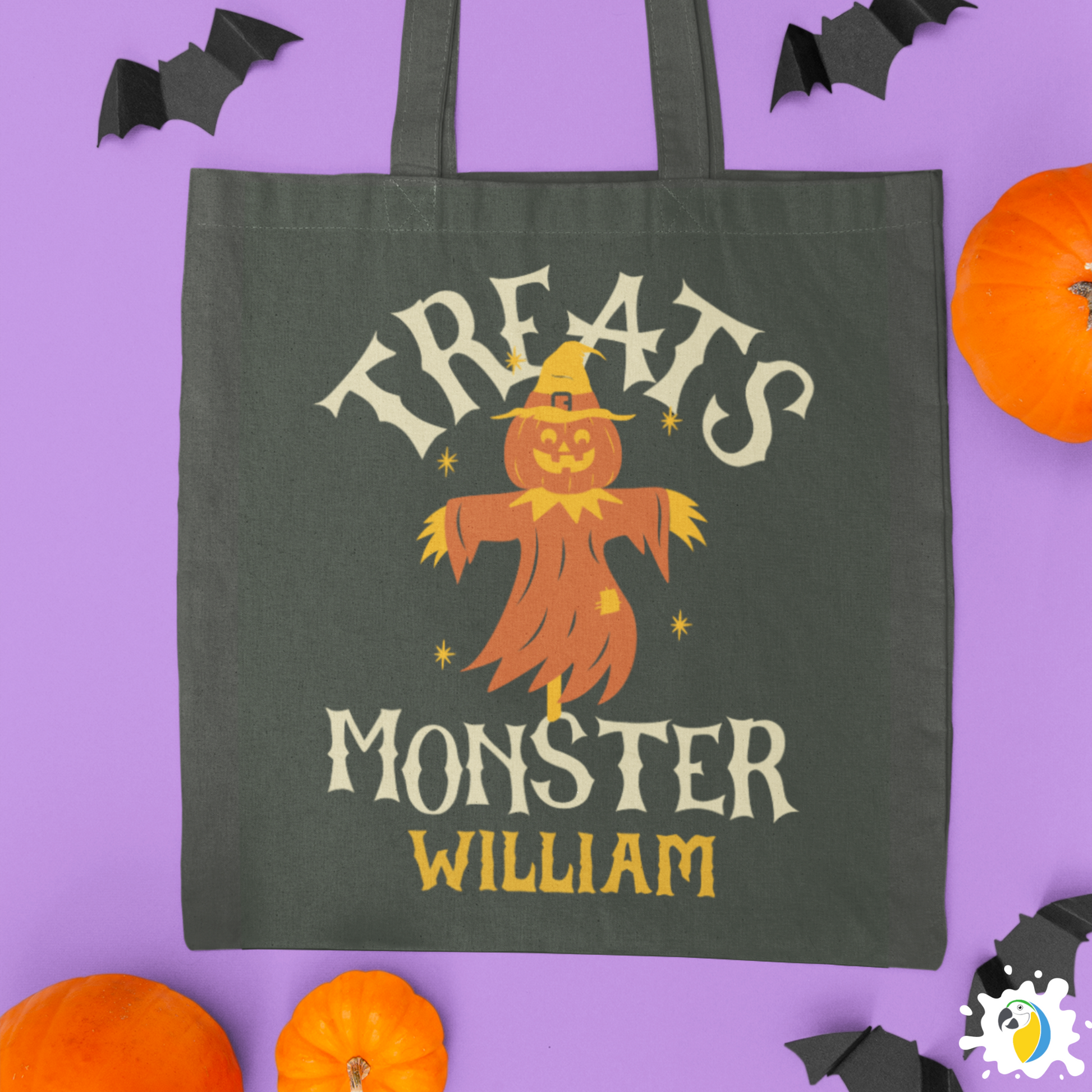 Personalized Halloween Tote Bag • Custom Name Treats Monster Large Size Bag For Kids • Jack O'Lantern Trick Or Treating Accessory • Papagaio Studio Design Shop